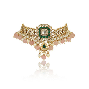Green And White Choker Necklace Set With Pearls image 1