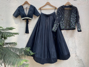 Black Raw Silk Lehenga Set with Handprinted Jacket image 2