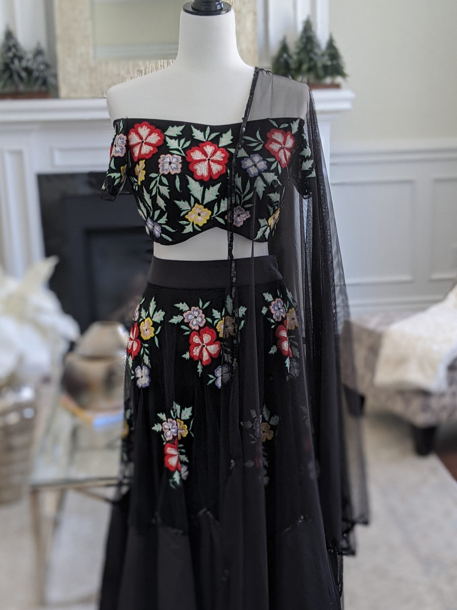 Black Floral Embroidered Off Shoulder Blouse with Lehenga Set image 3