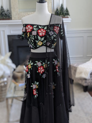 Black Floral Embroidered Off Shoulder Blouse with Lehenga Set image 3