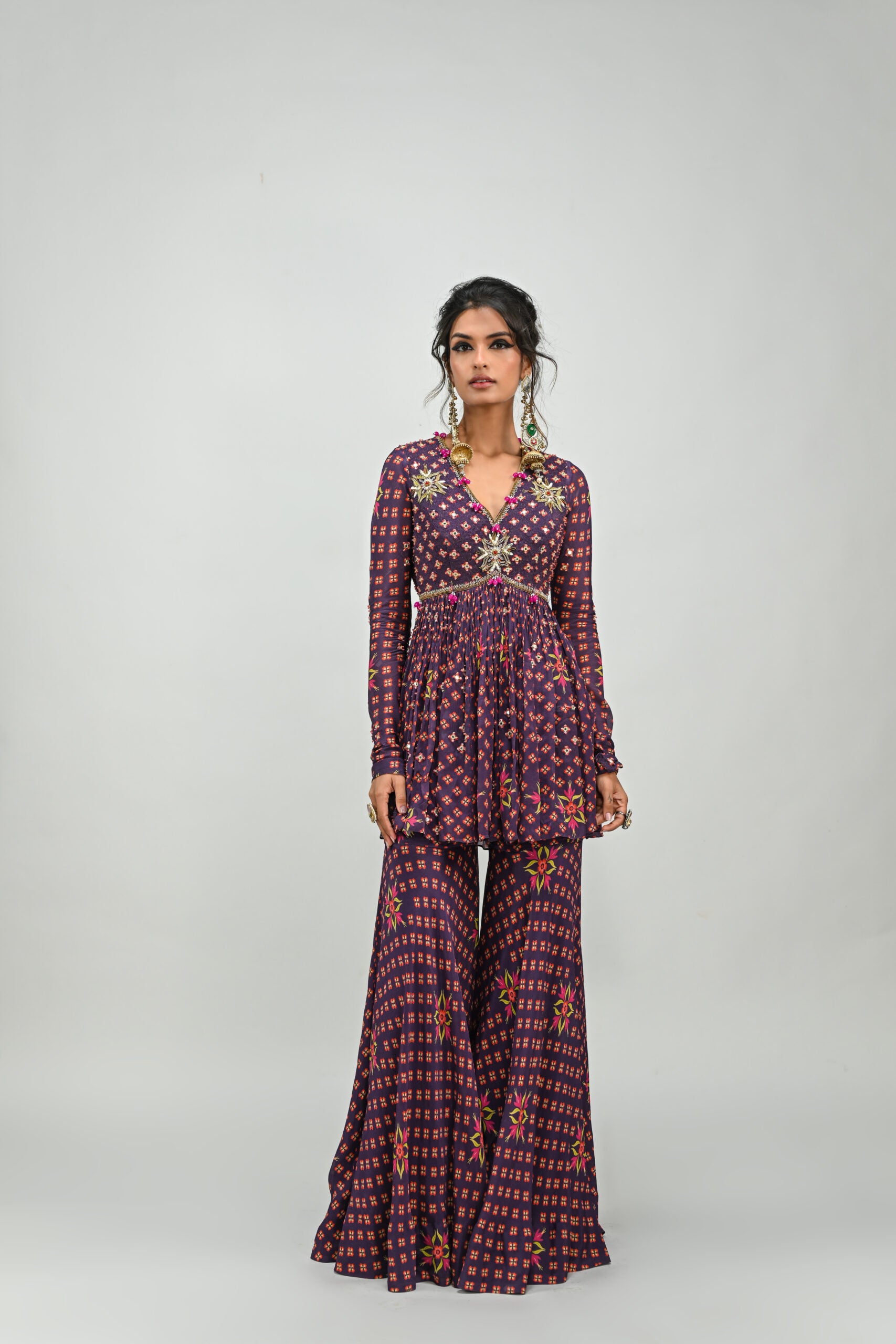 Plum Highlighted Sharara Top Set - S image