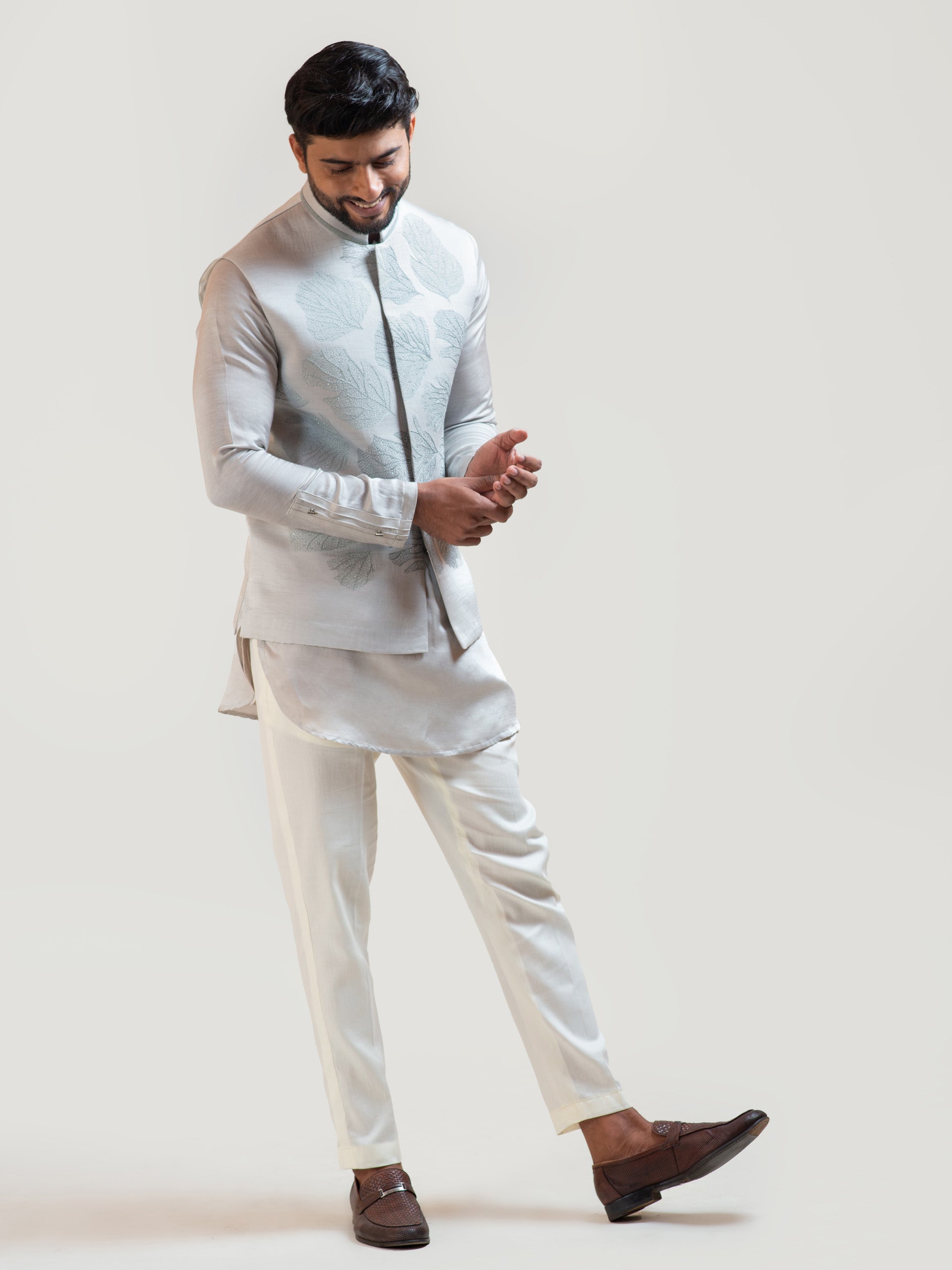 Gray Maple Leaf Nehru Kurta Set - Custom image