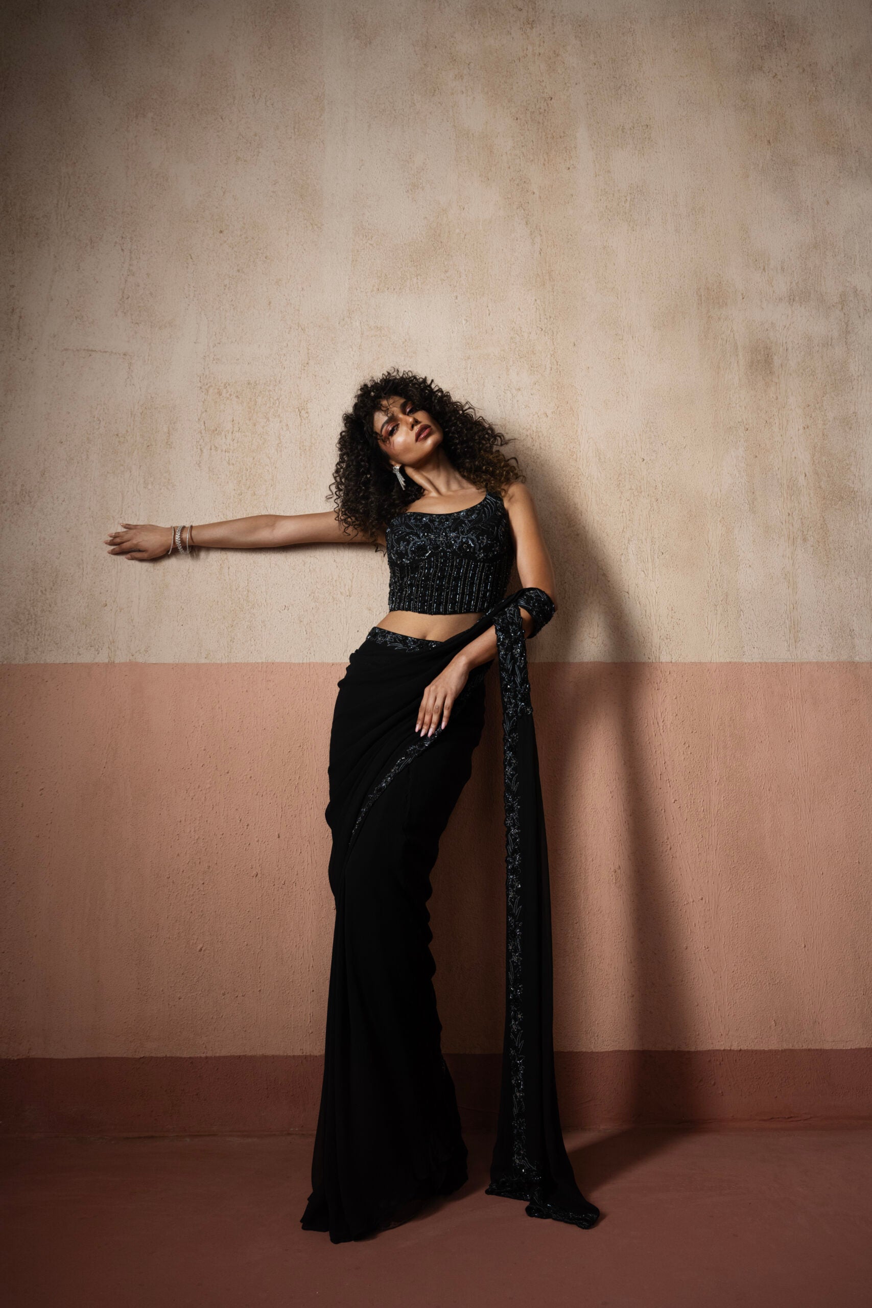 Pre-Draped Black  Hand Embroidered Georgette Saree image 3