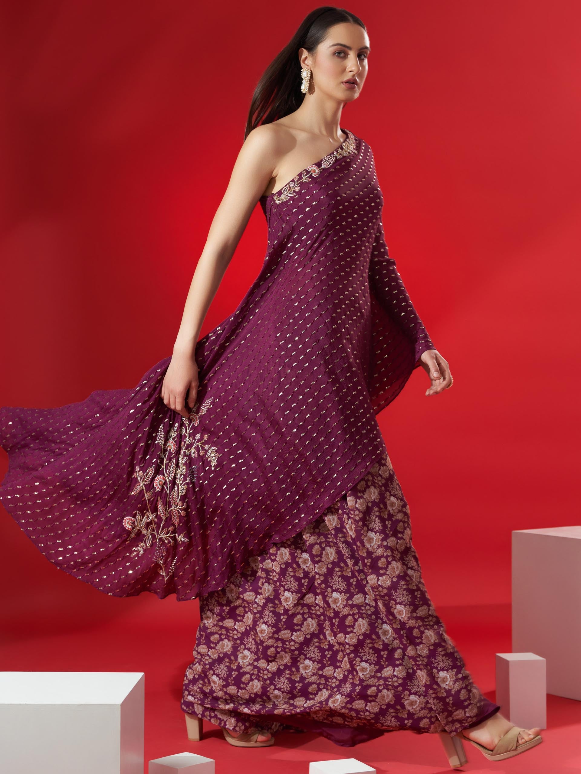 Wine Floral Print Kaftan Set image 1