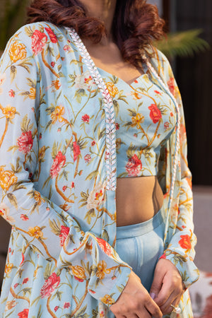 Light Blue Floral Georgette Embroidered Jacket Set image 2