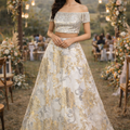 Silver Sequins Shoulder Blouse with Tassles teamed with an Ivory Organza Jaquard Skirt in Metallic Florals image 0