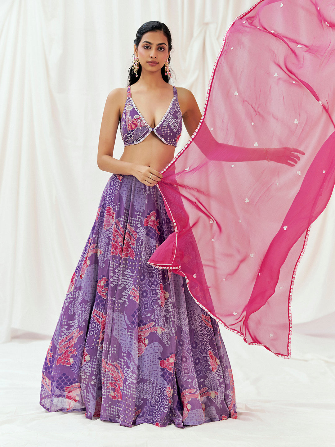 Violet Printed Embroidered Lehenga Set with Dupatta image 7