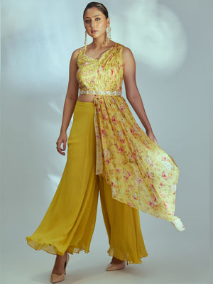 Yellow Floral Pre Draped Dupatta Set image 2