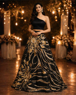 Black one Shoulder Blouse teamed with  a Black and Molten Gold Woven Skirt - M image
