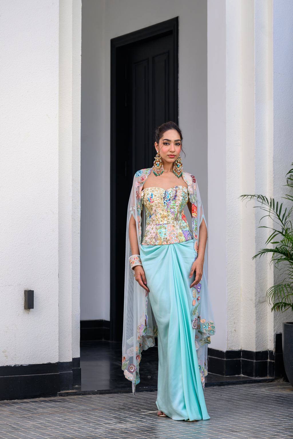 Gardenia Highlighted Corset With Dhoti Skirt And Cape - Custom image