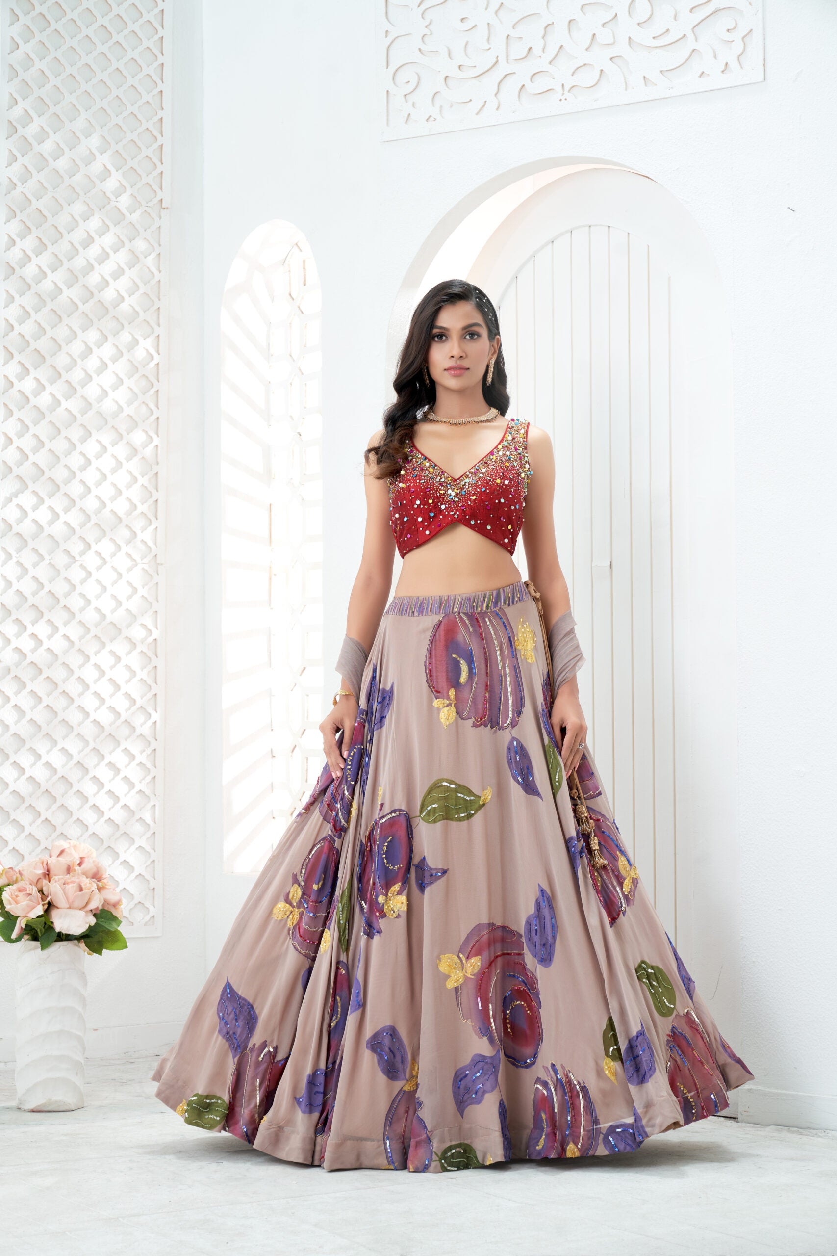 Mauve hand painted lehenga and embroidered Red blouse set image 5