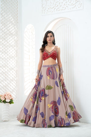 Mauve hand painted lehenga and embroidered Red blouse set image 5