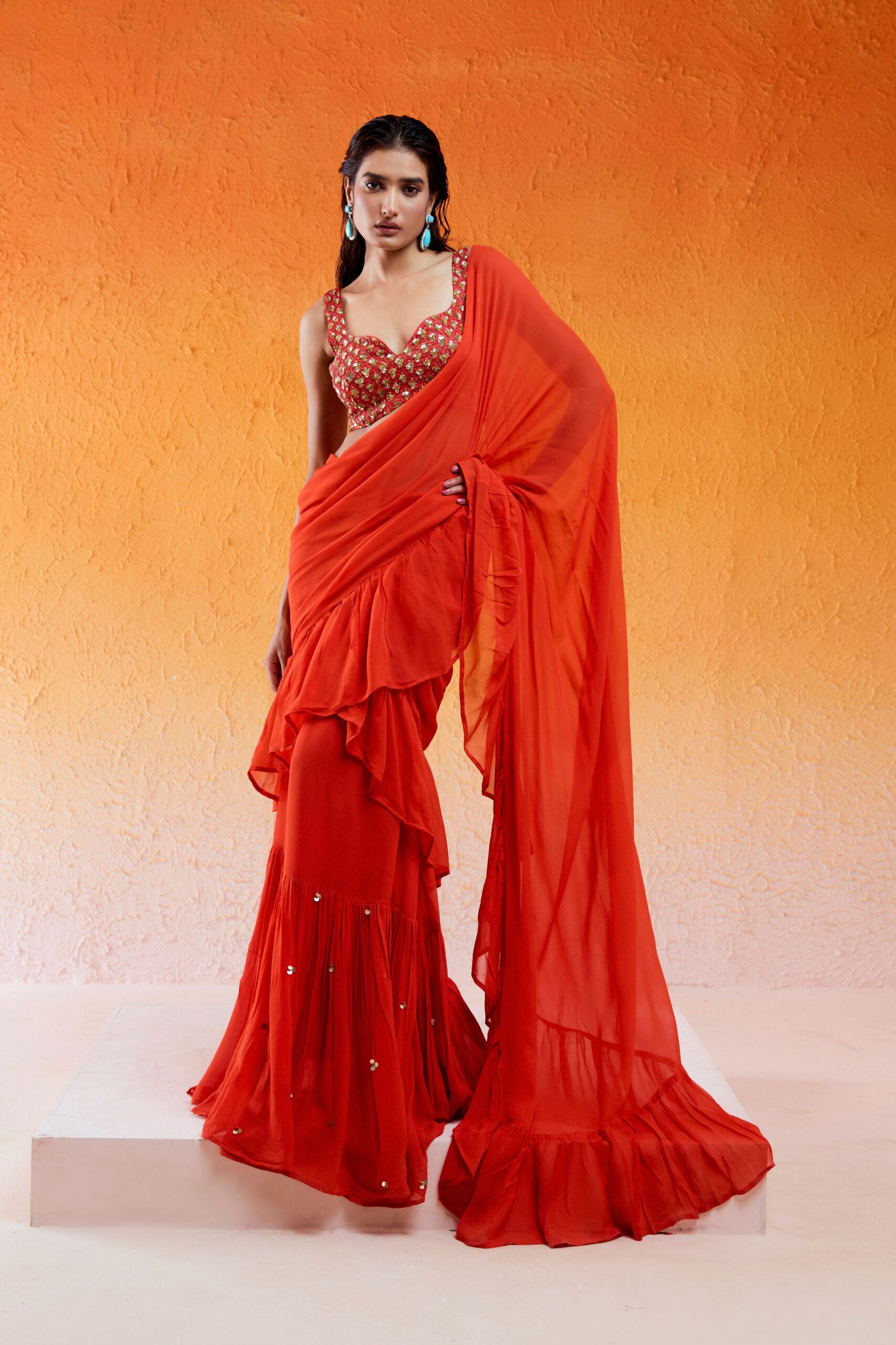 Scarlet Red Embroidered Saree Set - L image