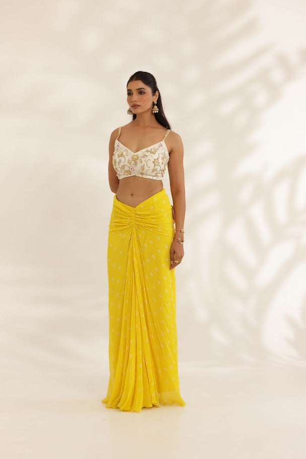 Yellow and White Bandhani Skirt and Cape Set image 2