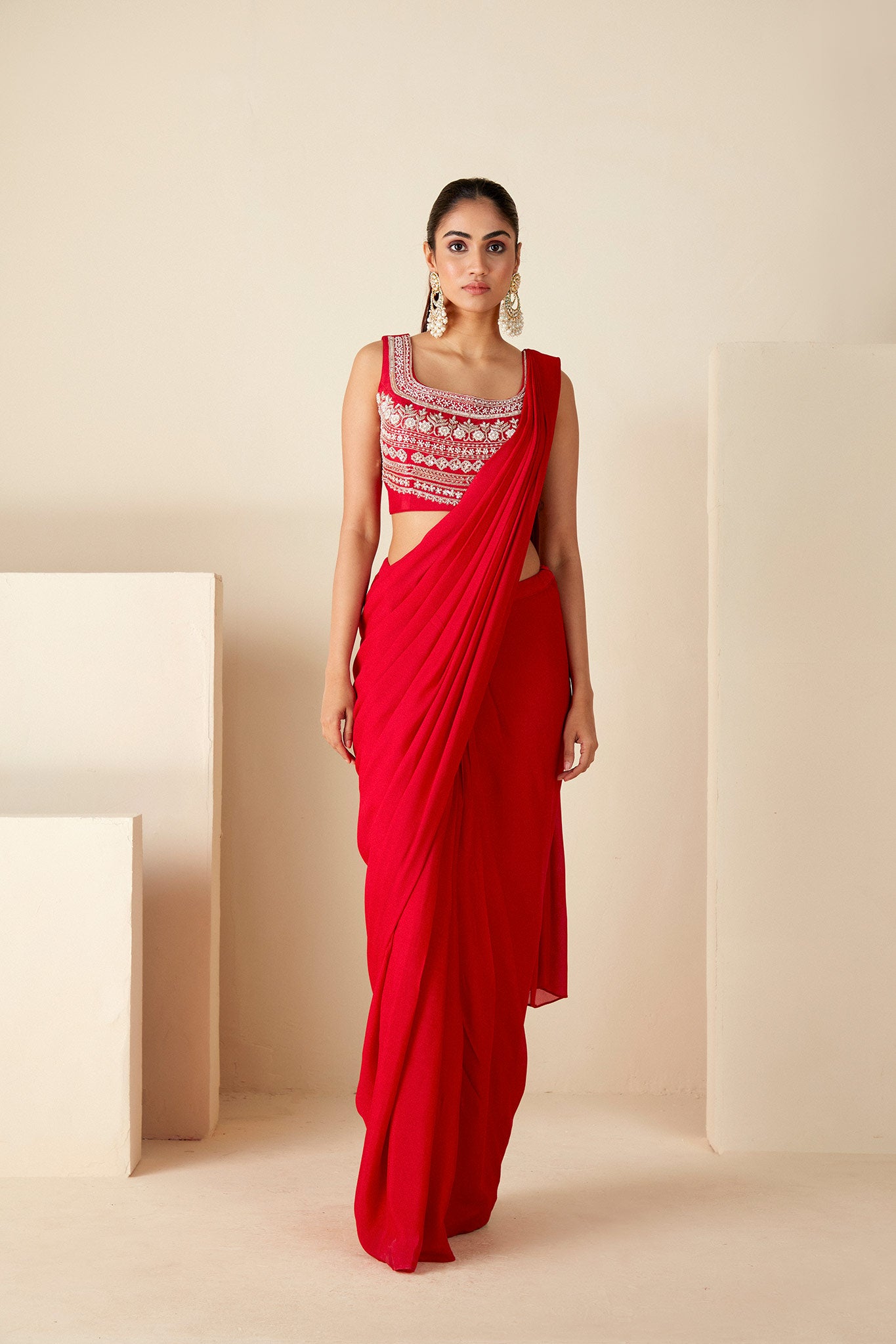 Red Pre-Drape Saree Ensemble - Custom image