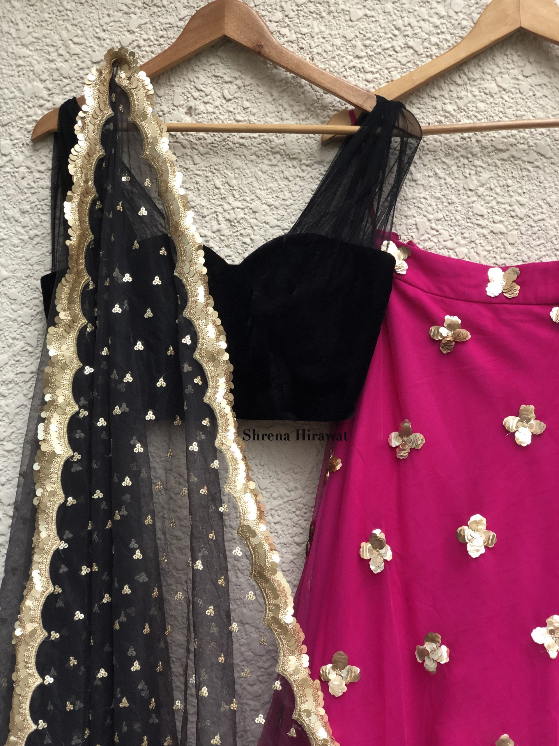 Black Velvet Blouse with Hot Pink Lehenga image 1