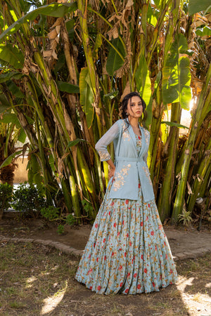 Light Blue Georgette Printed Lehenga Set image 2