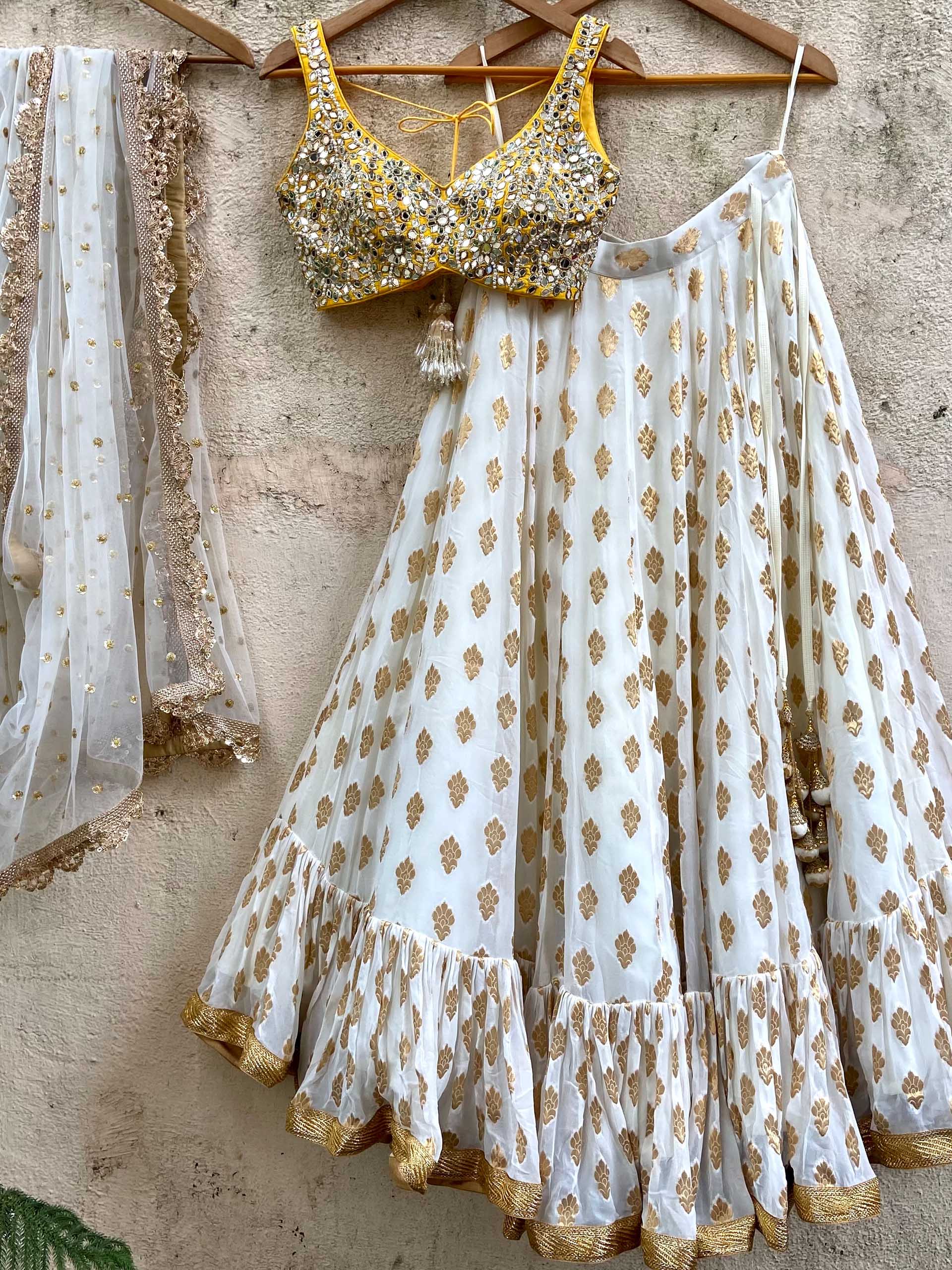 Ivory Gold Ruffle Lehenga Set With Yellow Mirror Blouse - XL image