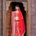 Red Bridal Boat Embroidered Lehenga Set image 0