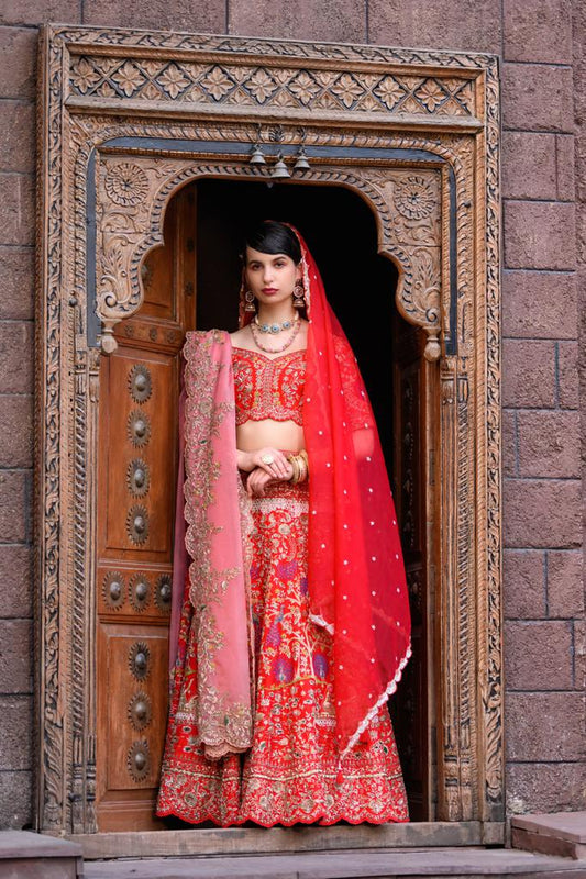 Red Bridal Boat Embroidered Lehenga Set image 0
