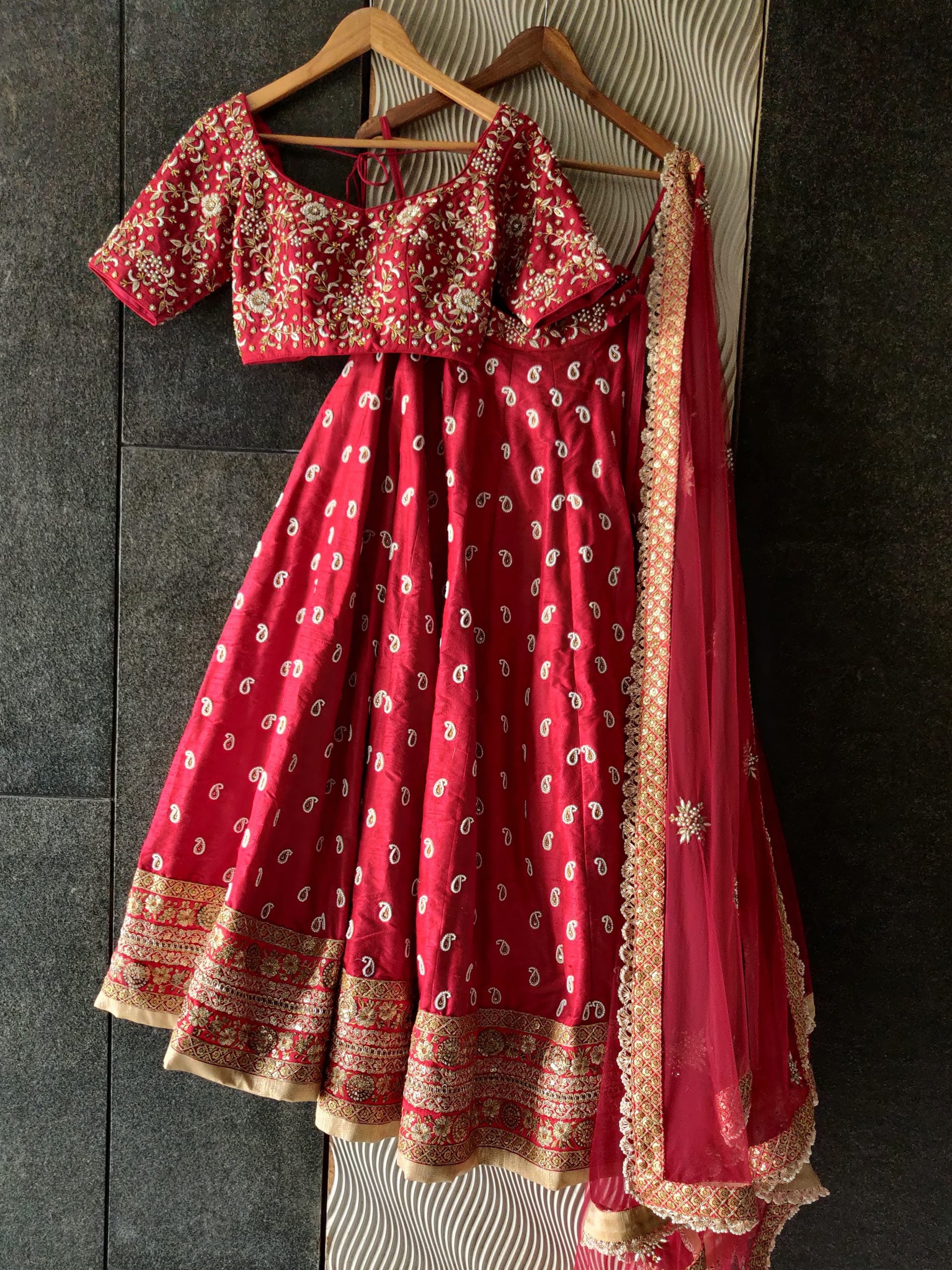 Red Bridal Paisley Work Lehenga image 1