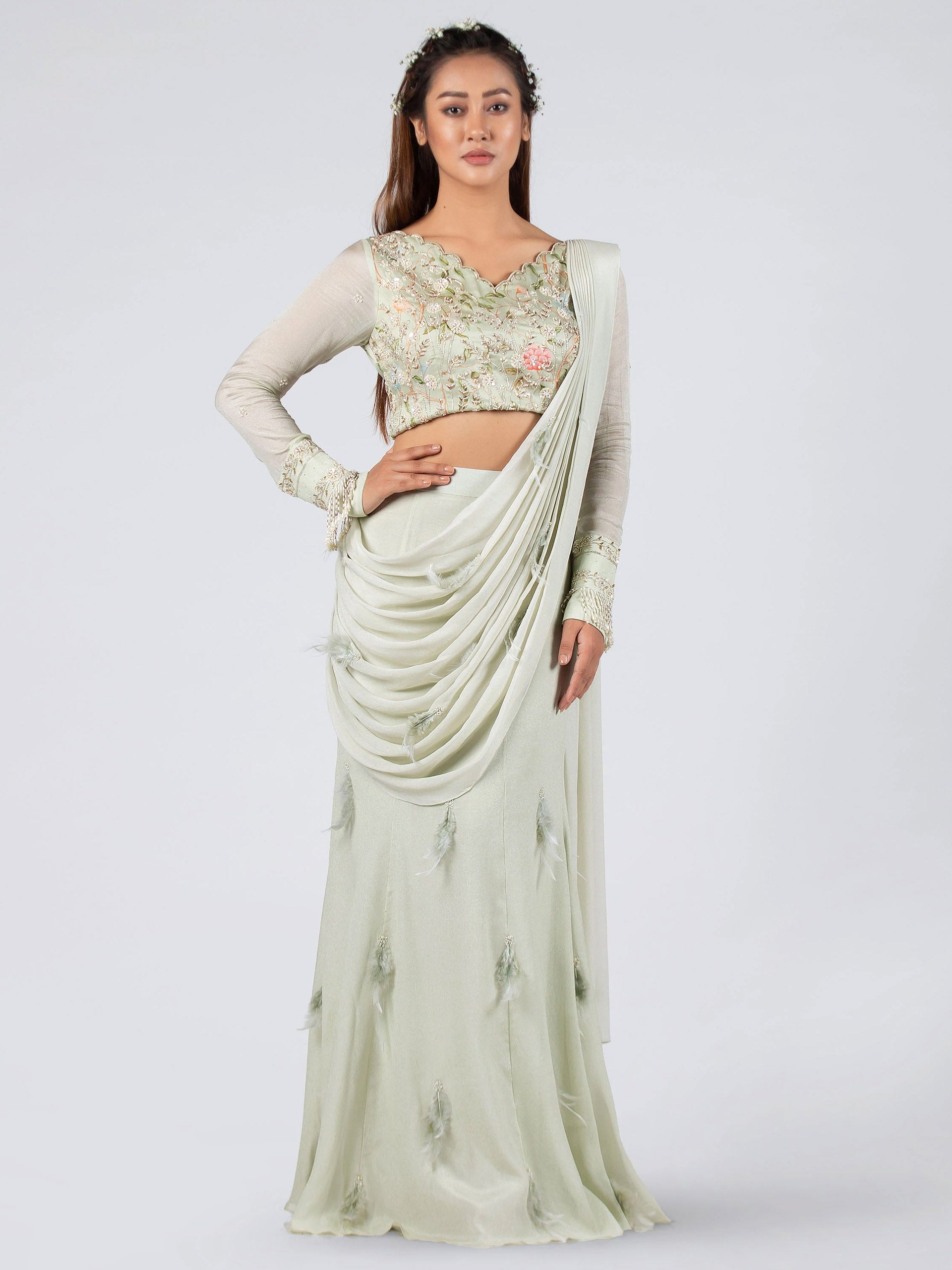 Pre Drape Mint Saree Set - M image