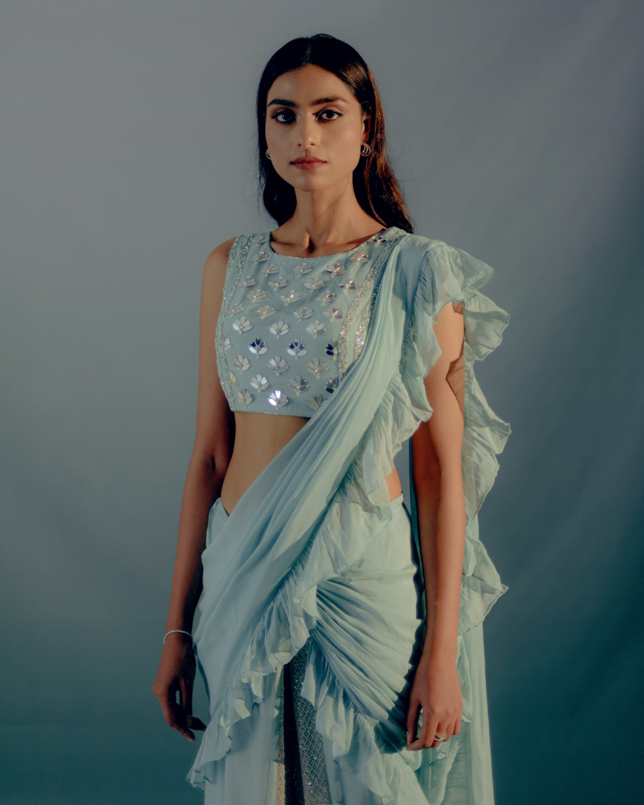 Baby Blue Feather Details Saree Set image 1