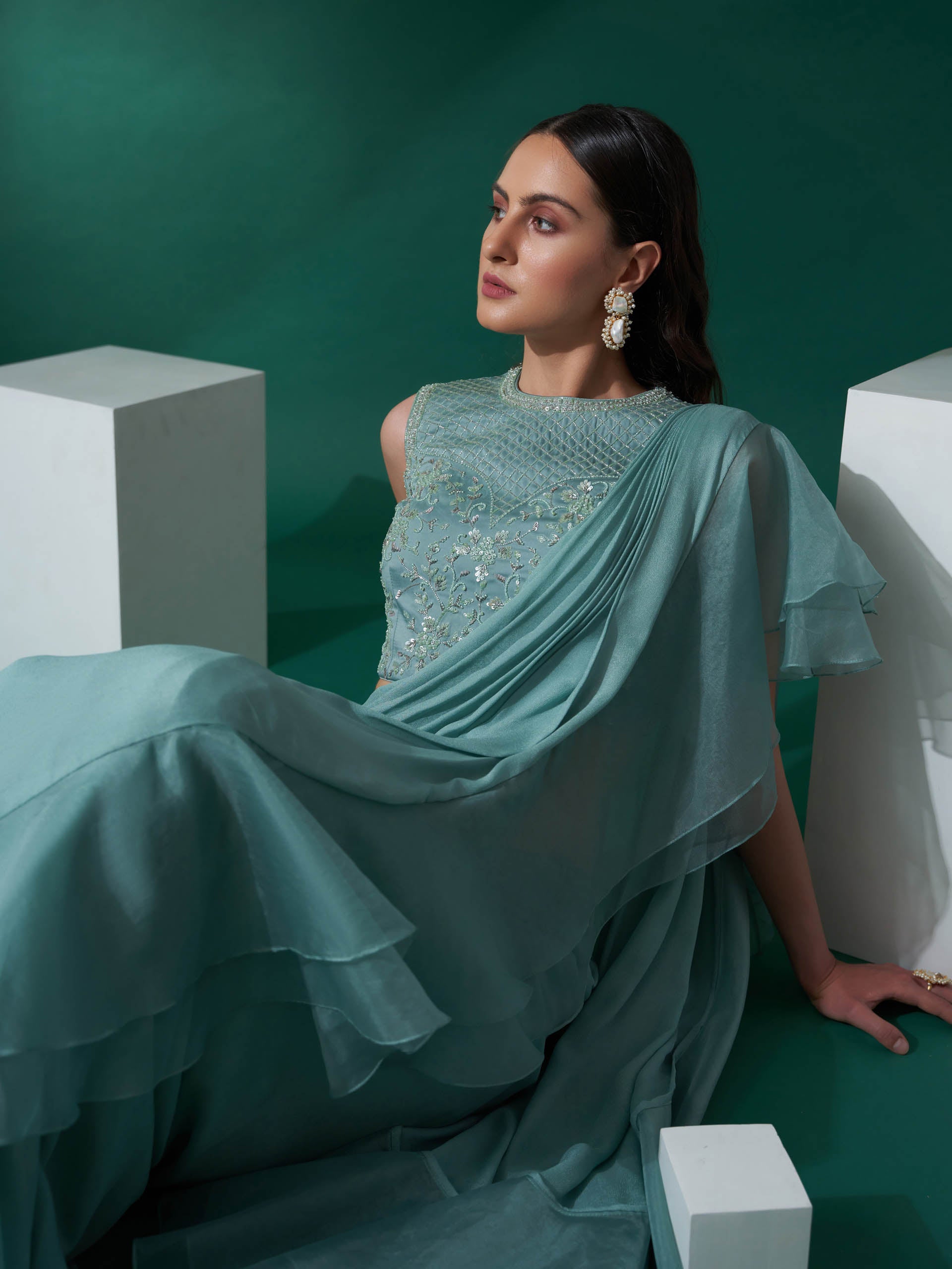 Sea Green Pre Draped Ruffle Saree Set image 2