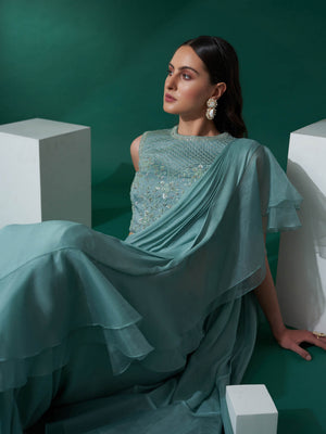 Sea Green Pre Draped Ruffle Saree Set image 2