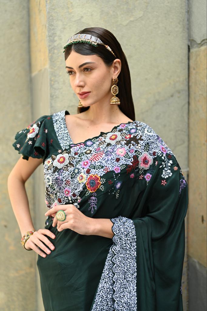 Bottle Green Embellished Saree Blouse Set image 3