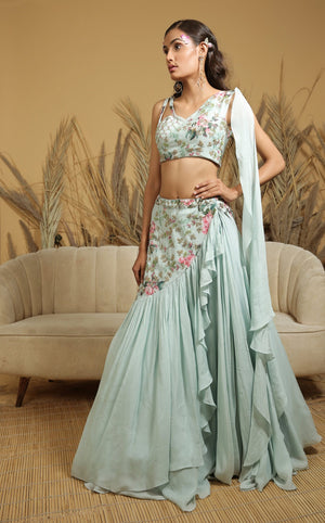 Pastel Blue Embroidered Fusion Lehenga Set - XL image
