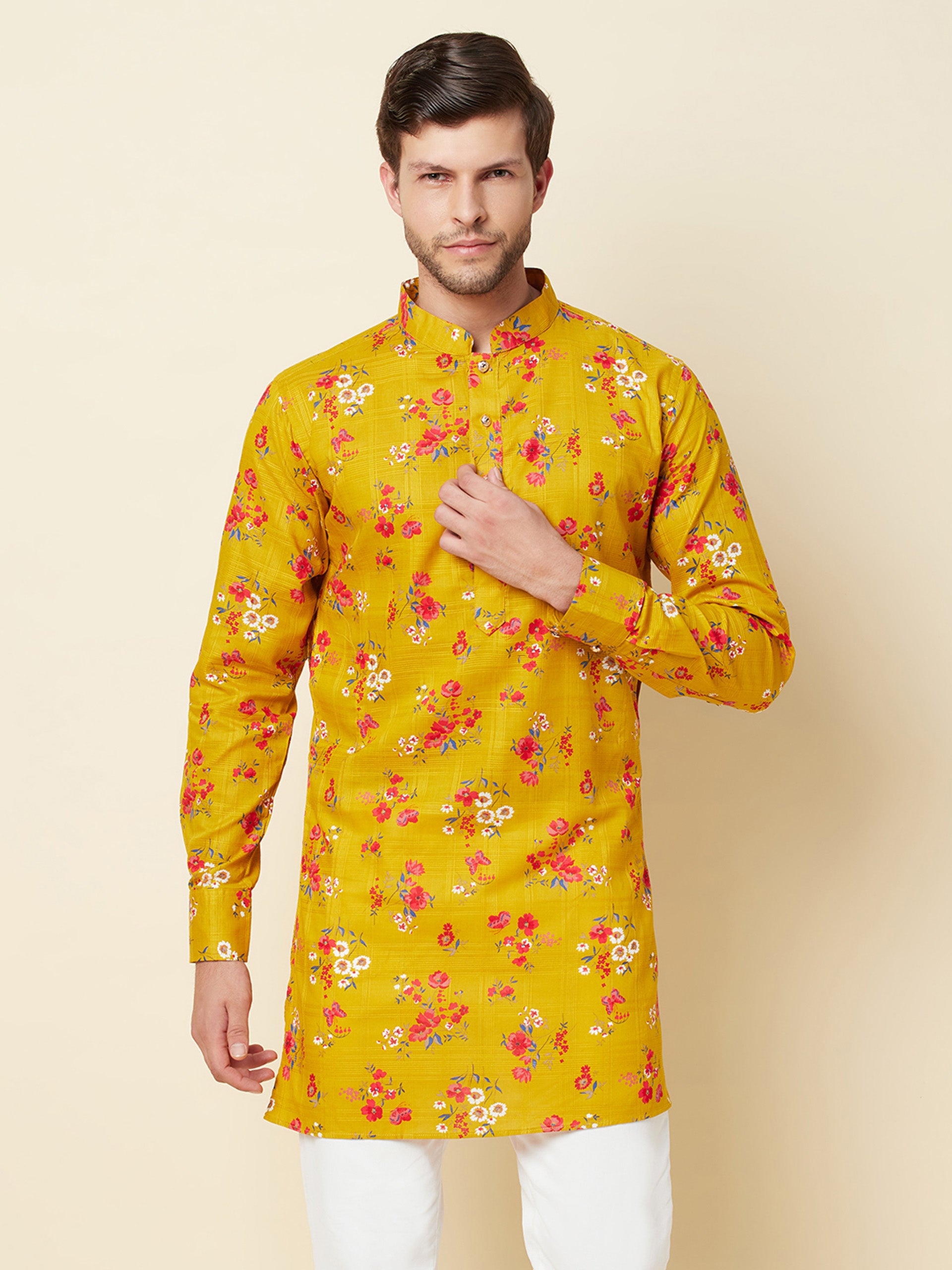 Mustard Print Linen Kurta image 5