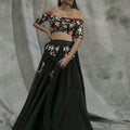 Black Floral Embroidered Off Shoulder Blouse with Lehenga Set image 0