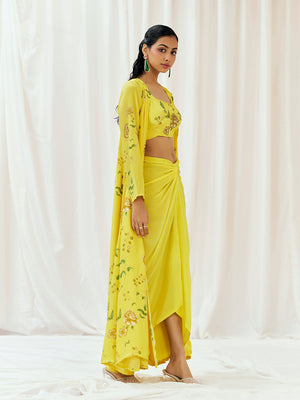 Bright Yellow Printed Embroidered Drape Skirt Set with Jacket image 4