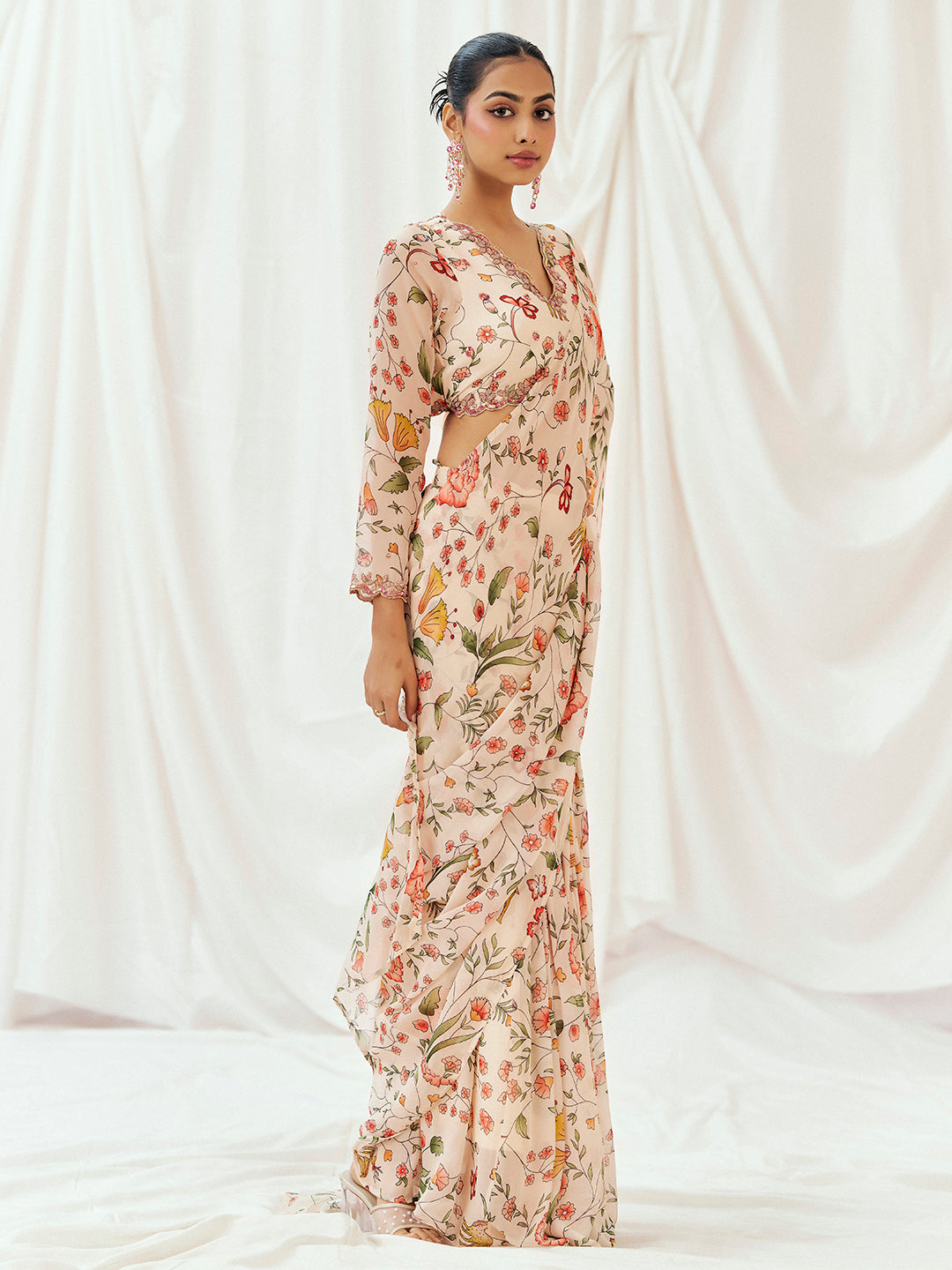 Floral White Printed Embroidered Drape Saree  Set image 5
