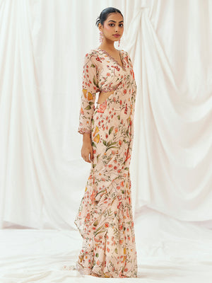 Floral White Printed Embroidered Drape Saree  Set image 5