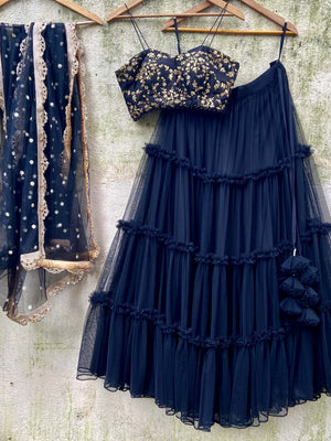Black Ruffle Zari Lehenga Set - S image