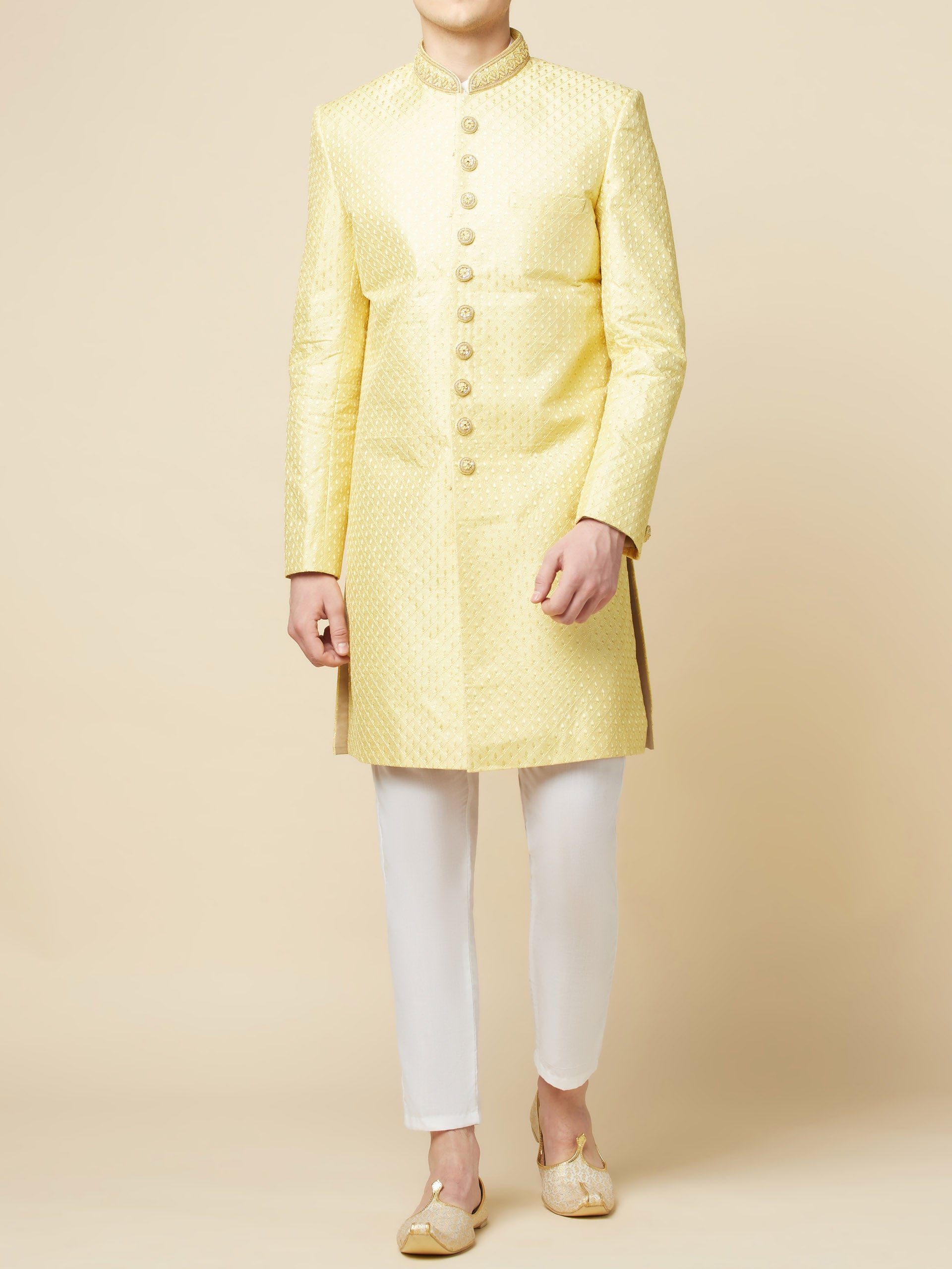 Lime Yellow Embroidered Sherwani Set image 4