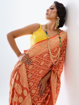 Orange Banarasi Bandhani Saree Set image 1