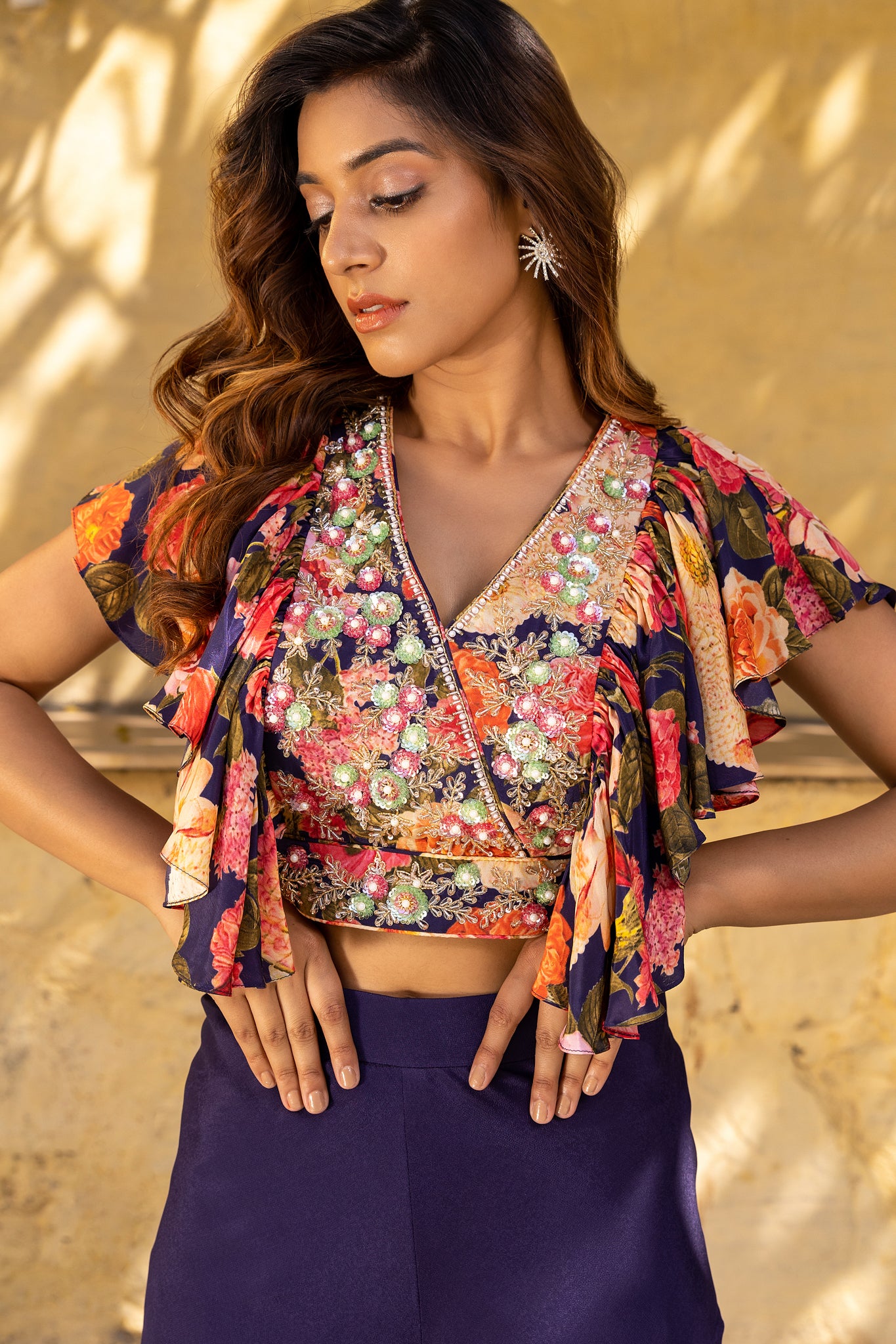 Purple Georgette Pleated Pant Set image 4