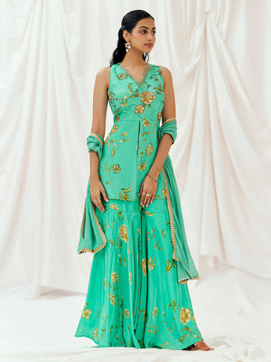 Turquoise Blue Printed Embroidered Sharara Suit Set - Custom image