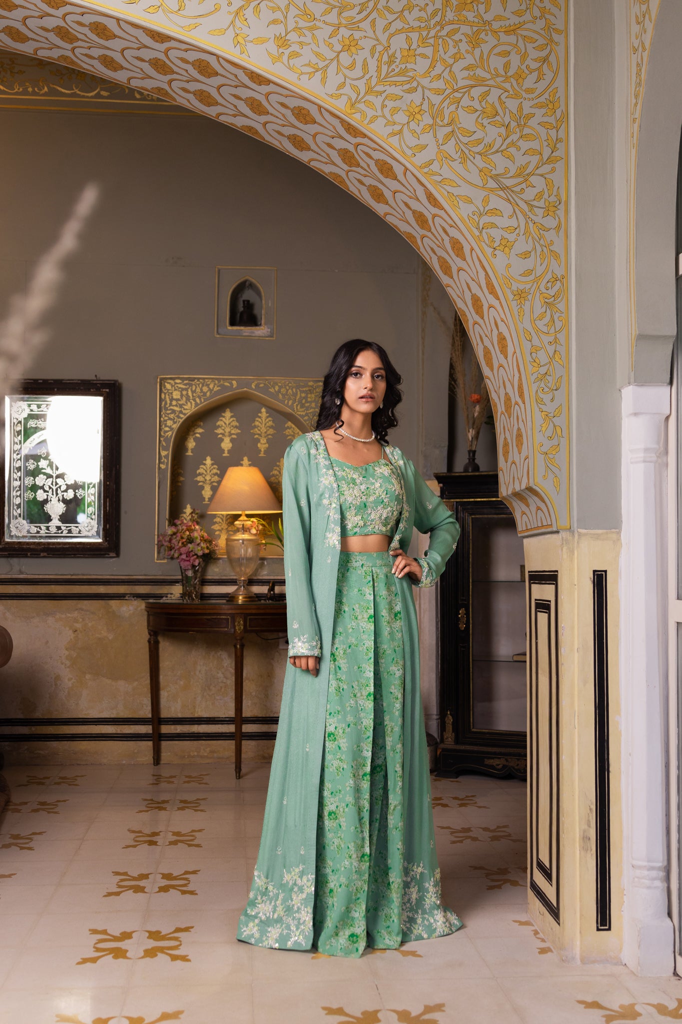 Green Georgette Hand Embroidered Jacket Set image 2
