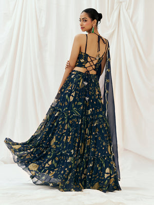 Navy Blue Printed Embroidered Lehenga Set with Dupatta image 4