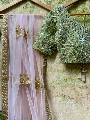 Olive Green Sharmily Mirror Lehenga Set image 5