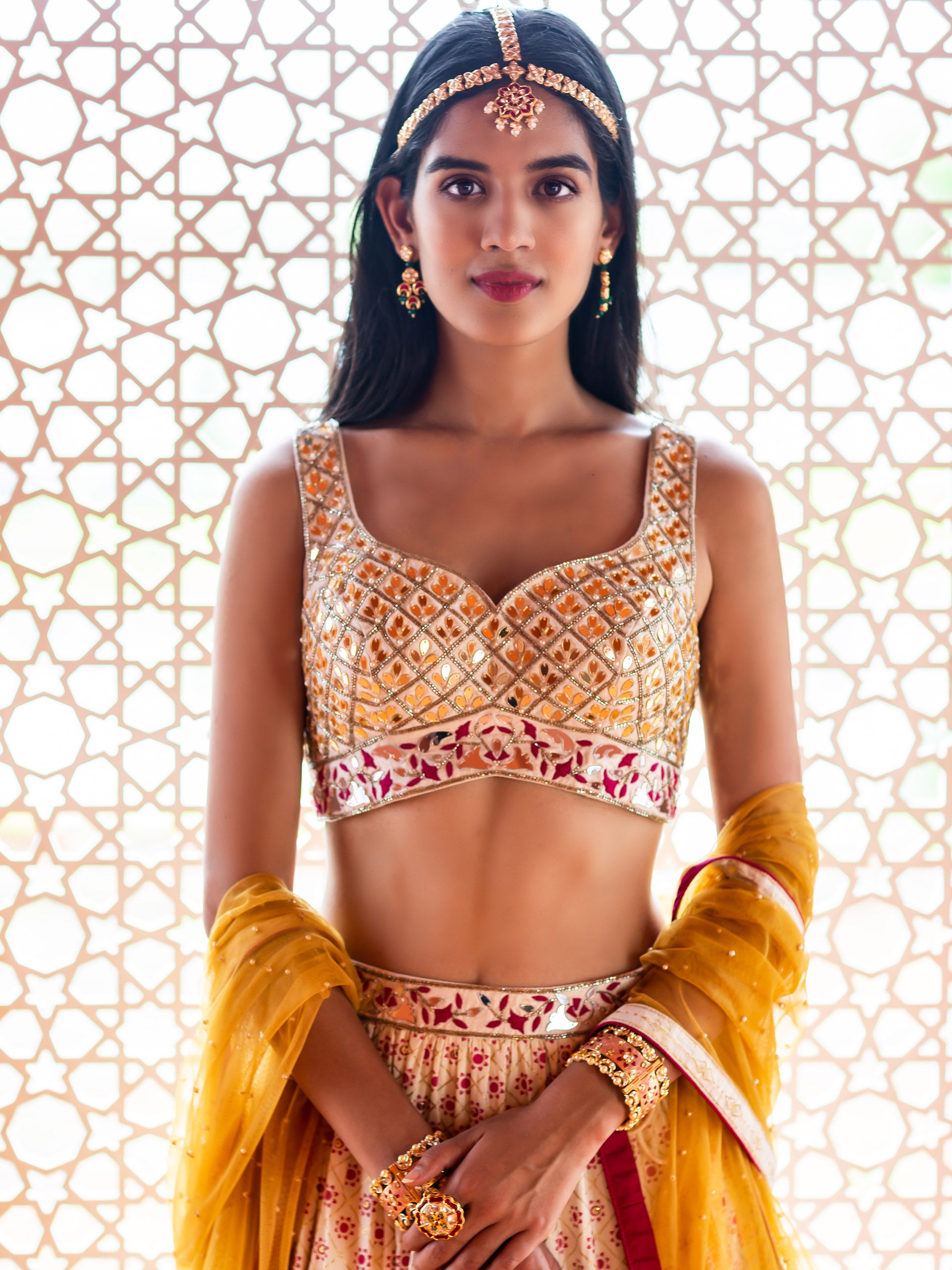 Mustard and Ivory Tiered Lehenga Set image 1