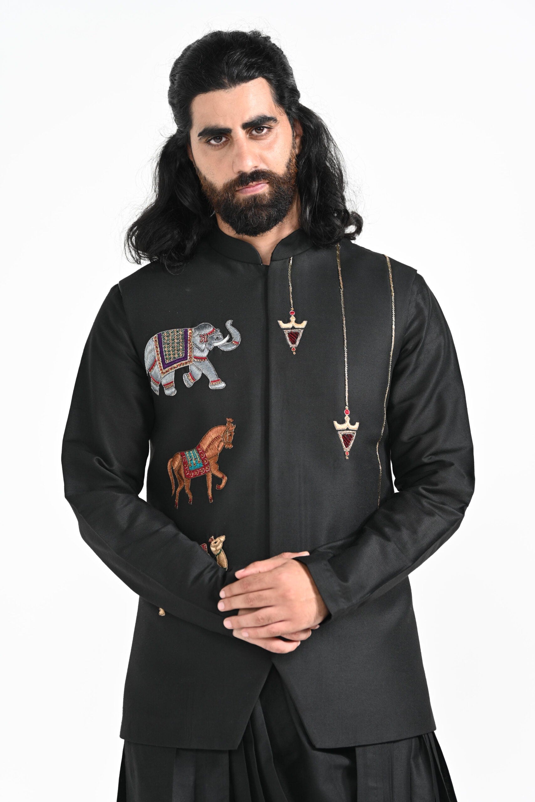 Rajasthani Trotting Animals Nehru With Cowl Hem Drape Kurta Set image 5