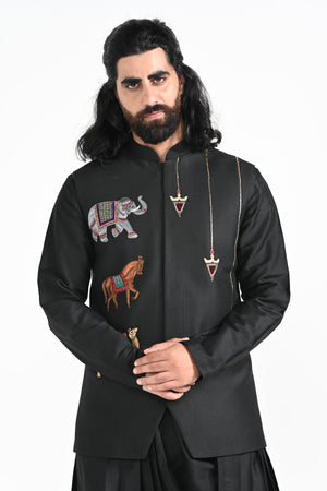 Rajasthani Trotting Animals Nehru With Cowl Hem Drape Kurta Set image 5