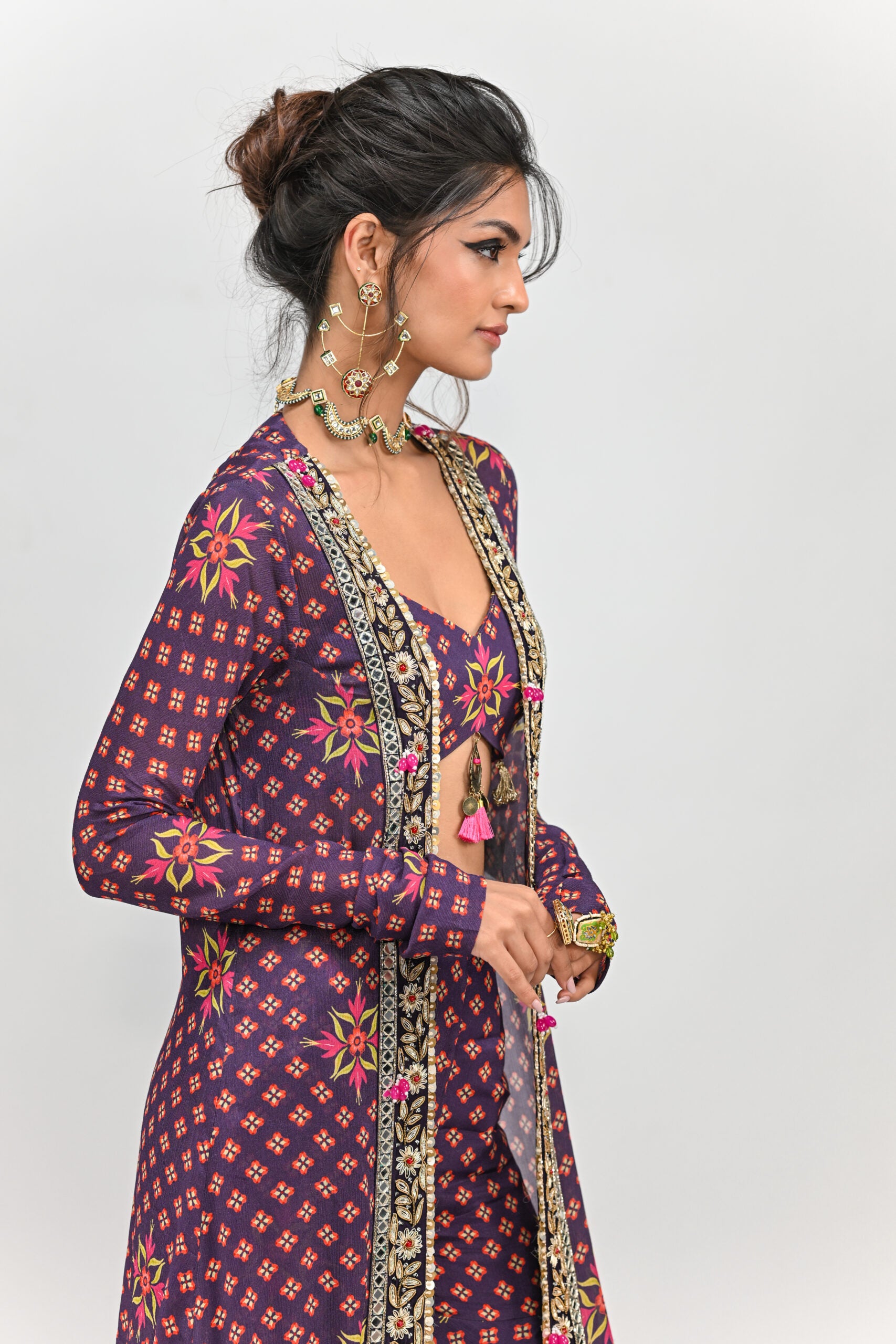 Plum Highlighted Sharara and Long Jacket Set image 1