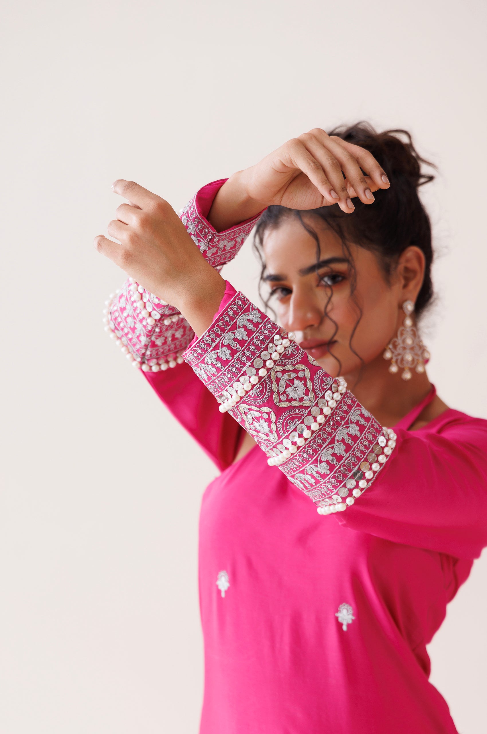 Hot Pink Chanderi Halter Neck Kurta Set image 1