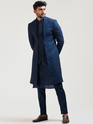 Navy Blue Leaf Open Achkan Coat Set image 3
